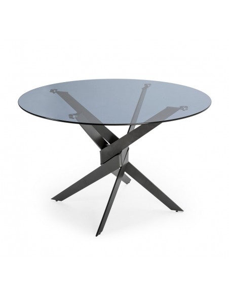 Mesa redonda de cristal JENNA 120, base de diseño en metal gris