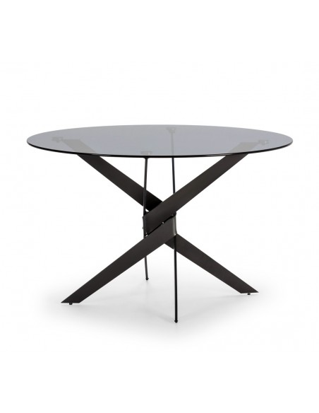 Mesa redonda de cristal JENNA 140, base de diseño en metal gris