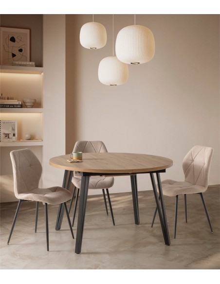 Mesa extensible redonda CLEO 120(150) x 120, color natural y patas de metal negro