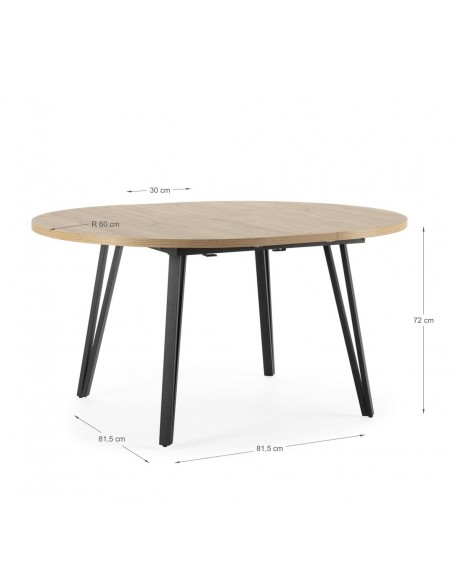 Mesa extensible redonda CLEO 120(150) x 120, color natural y patas de metal negro