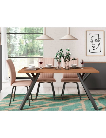 MESA COMEDOR PAOLA 160 X 90 NOGAL y base METAL NEGRO.