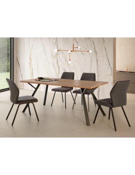 MESA COMEDOR PAOLA 160 X 90 NOGAL y base METAL NEGRO.