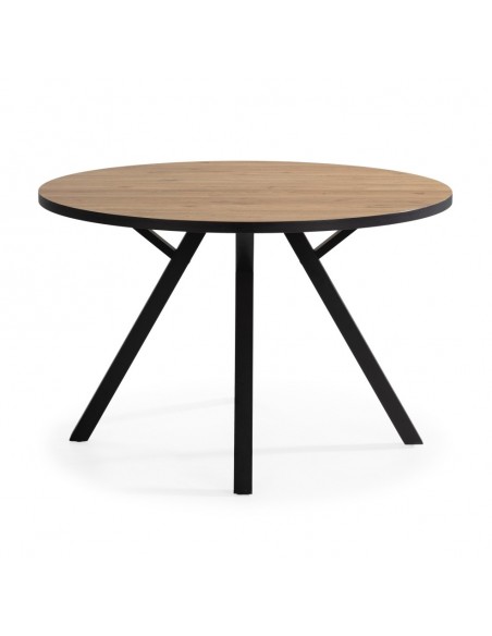 MESA REDONDA BENY 120, MDF cor natural, rebordo e metal preto