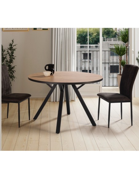 MESA REDONDA BENY 120, MDF cor natural, rebordo e metal preto