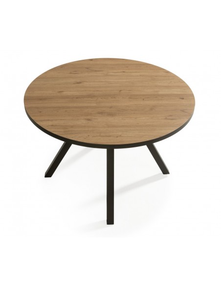 MESA REDONDA BENY 120, MDF cor natural, rebordo e metal preto