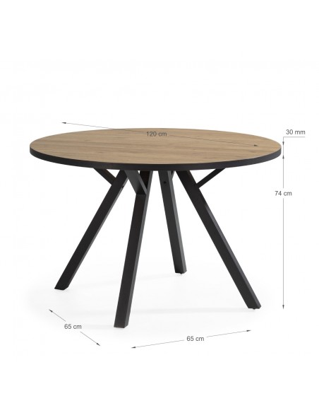MESA REDONDA BENY 120, MDF cor natural, rebordo e metal preto
