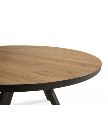 MESA REDONDA BENY 120, MDF cor natural, rebordo e metal preto