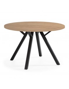 MESA REDONDA BENY 120, MDF natural e base em metal preto