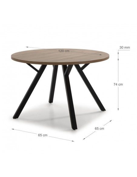 MESA REDONDA BENY 120, MDF natural e base em metal preto