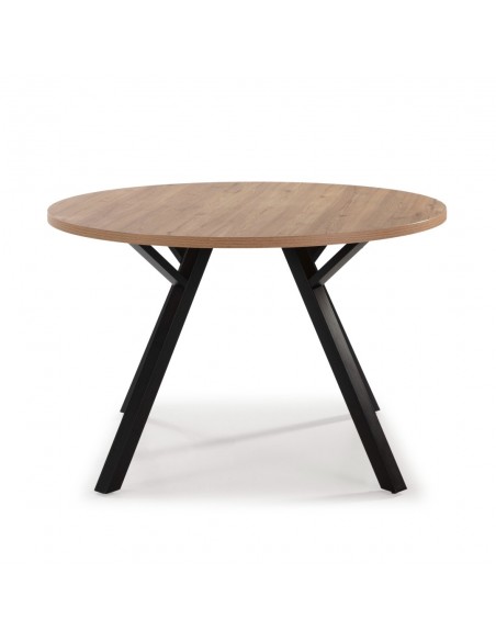 MESA REDONDA BENY 120, MDF natural e base em metal preto