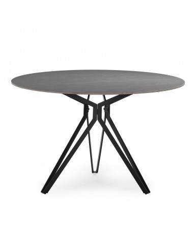 Mesa redonda em porcelânico cinzenta AINA 120 e base em metal preto