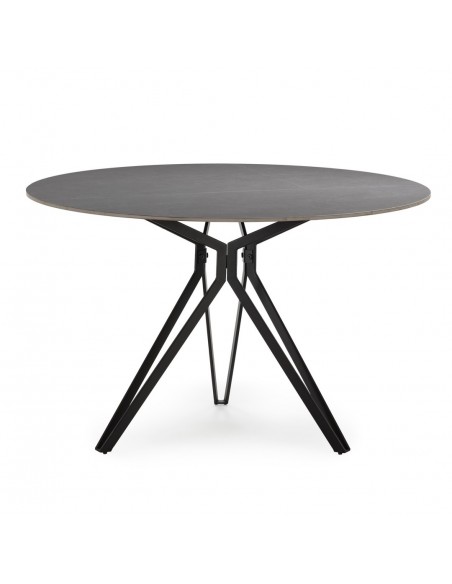 Mesa redonda em porcelânico cinzenta AINA 120 e base em metal preto