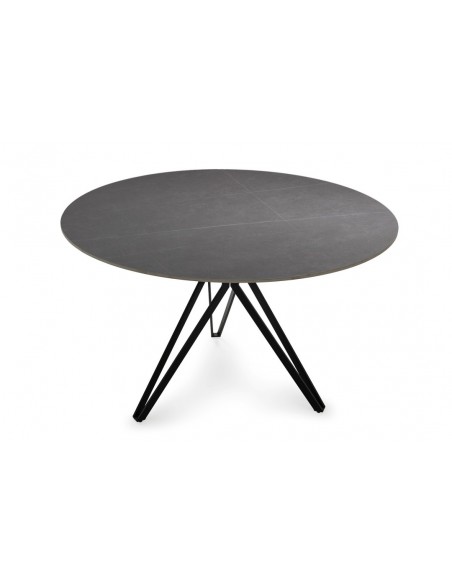 Mesa redonda em porcelânico cinzenta AINA 120 e base em metal preto