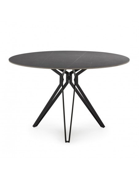 Mesa redonda em porcelânico cinzenta AINA 120 e base em metal preto