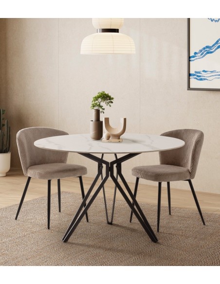 Mesa redonda em porcelânico branca AINA 120 e base em metal preto