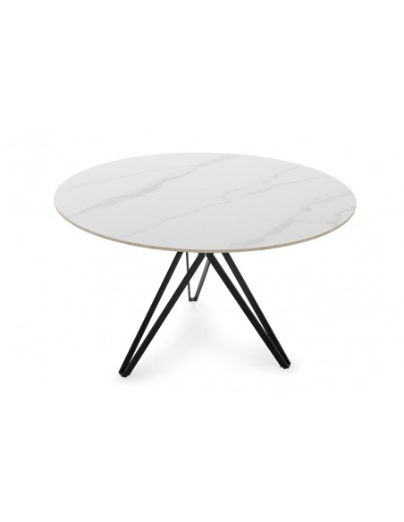 Mesa redonda em porcelânico branca AINA 120 e base em metal preto
