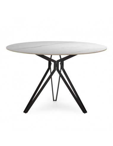 Mesa redonda em porcelânico branca AINA 120 e base em metal preto