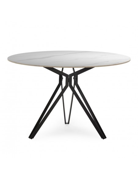 Mesa redonda porcelánico AINA 120 blanco y base metal negro