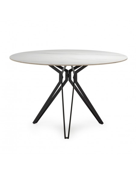Mesa redonda em porcelânico branca AINA 120 e base em metal preto