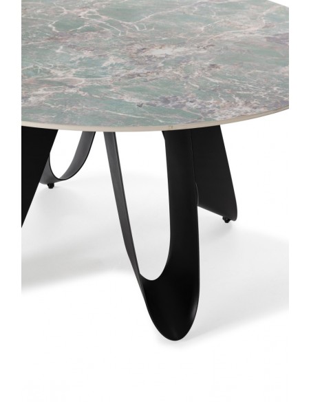 Mesa redonda em porcelânico AILA 135, verde e base em metal preto