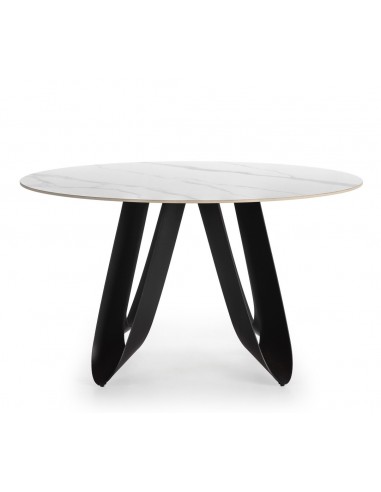 Mesa redonda em porcelânico AILA 135, branca e base em metal preto