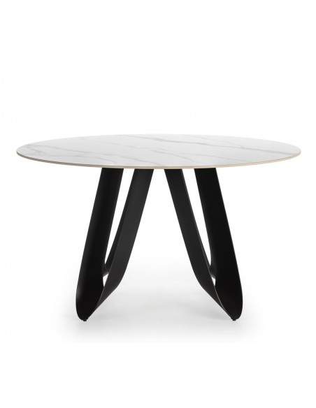 Mesa redonda porcelanico AILA 135, blanco, base metal negro