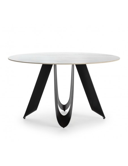 Mesa redonda porcelanico AILA 135, blanco, base metal negro