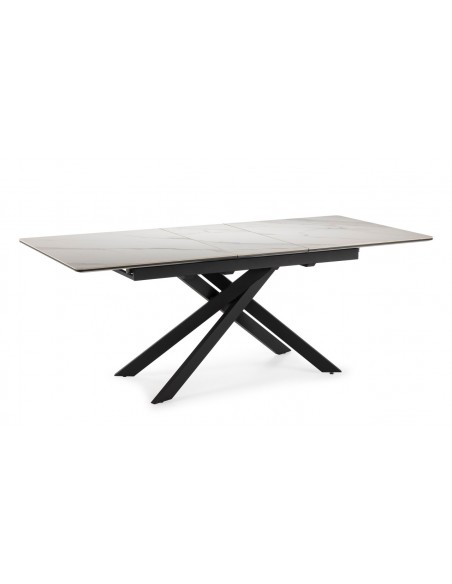 Mesa extensível em porcelânico THEO 160(200) x 90, branco mate e metal preto