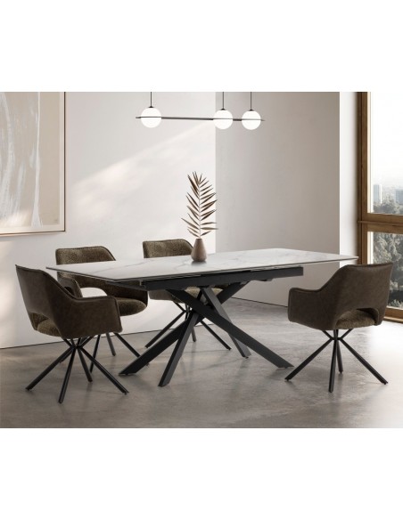 Mesa extensível em porcelânico THEO 160(200) x 90, branco mate e metal preto