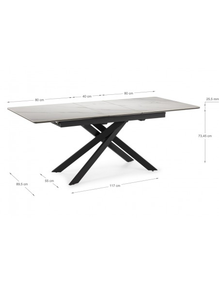 Mesa extensível em porcelânico THEO 160(200) x 90, branco mate e metal preto