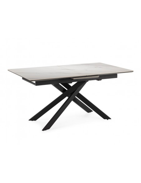 Mesa extensível em porcelânico THEO 160(200) x 90, branco mate e metal preto