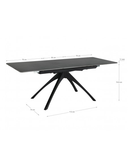 Mesa extensible porcelanico BECA 150(200) x 85, gris y base metal negro