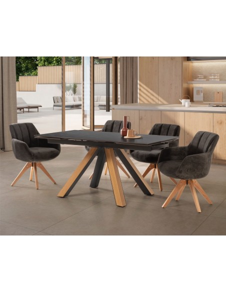 Mesa extensível em porcelana AZUR 160(240) x 90, pés em MDF folheado a carvalho e preto