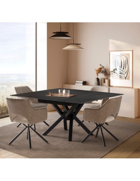 Mesa cuadrada extensible ARLENE 90/150 cm, porcelánico gris y metal