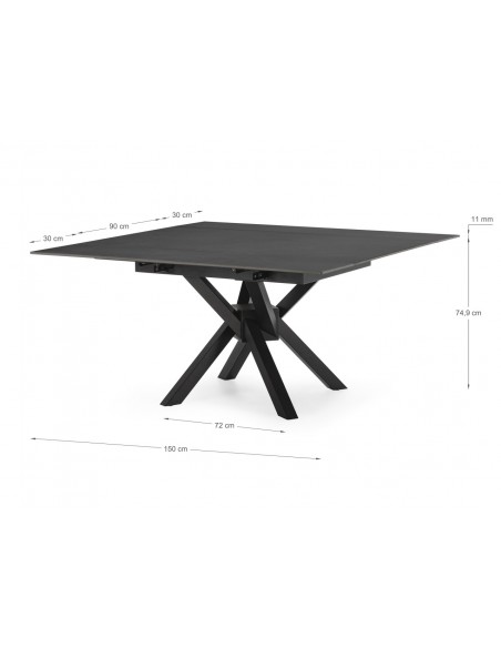 Mesa cuadrada extensible ARLENE 90/150 cm, porcelánico gris y metal