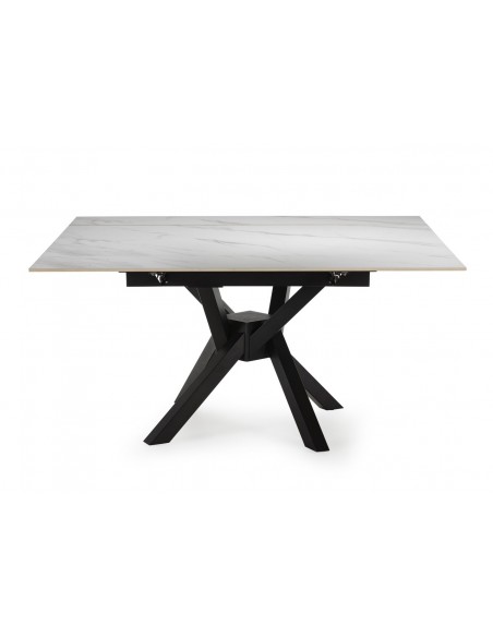 Mesa cuadrada extensible ARLENE 90/150, porcelánico blanco y metal negro