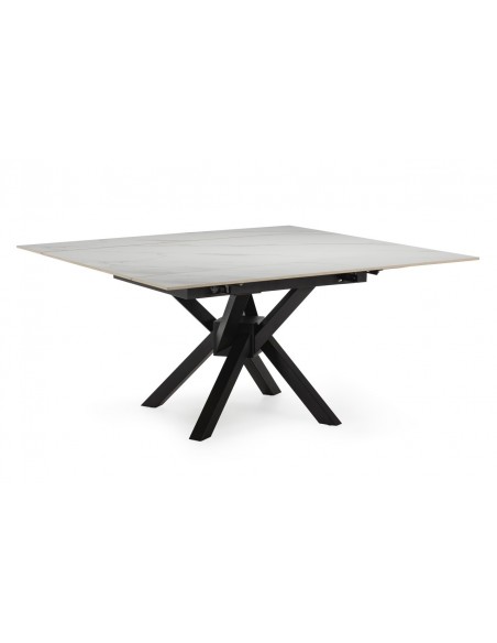 Mesa cuadrada extensible ARLENE 90/150, porcelánico blanco y metal negro