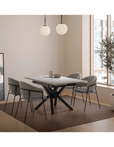 Mesa quadrada extensível ARLENE 90/150, porcelânico branco e metal preto