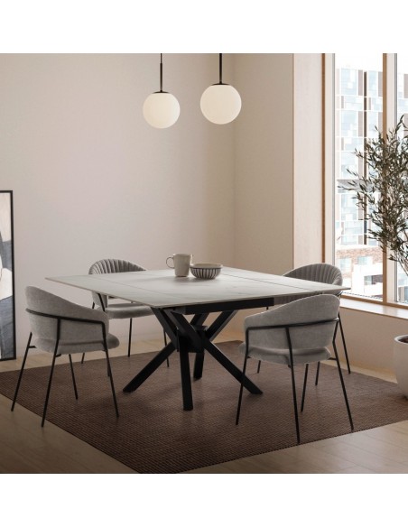 Mesa cuadrada extensible ARLENE 90/150, porcelánico blanco y metal negro