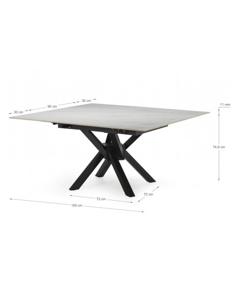 Mesa quadrada extensível ARLENE 90/150, porcelânico branco e metal preto