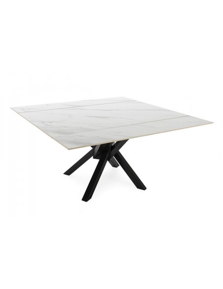 Mesa quadrada extensível ARLENE 90/150, porcelânico branco e metal preto