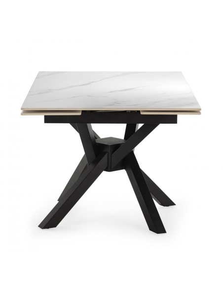 Mesa cuadrada extensible ARLENE 90/150, porcelánico blanco y metal negro