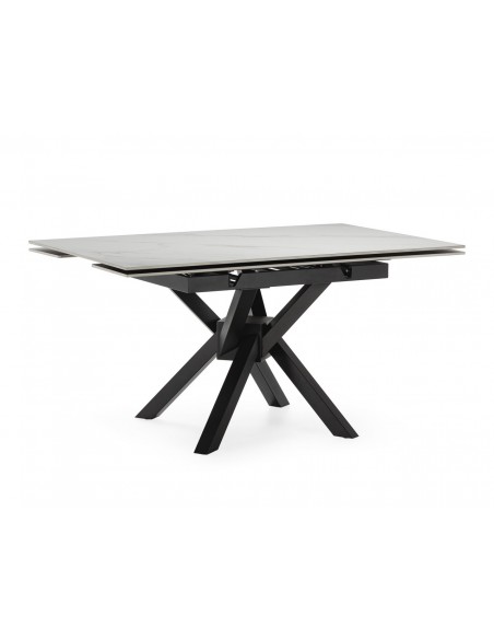 Mesa cuadrada extensible ARLENE 90/150, porcelánico blanco y metal negro