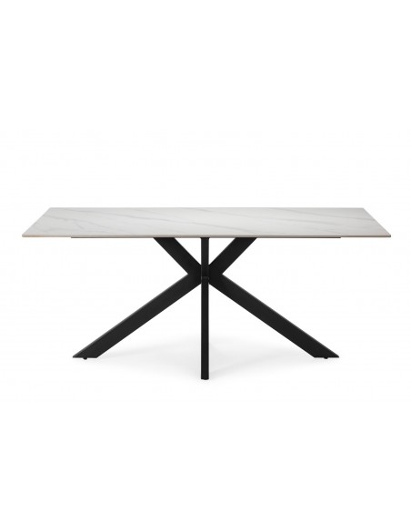 Mesa ARGOL 180 x 90, porcelânico branca e base em metal preto.