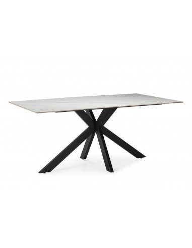 Mesa ARGOL 180 x 90, porcelânico branca e base em metal preto.