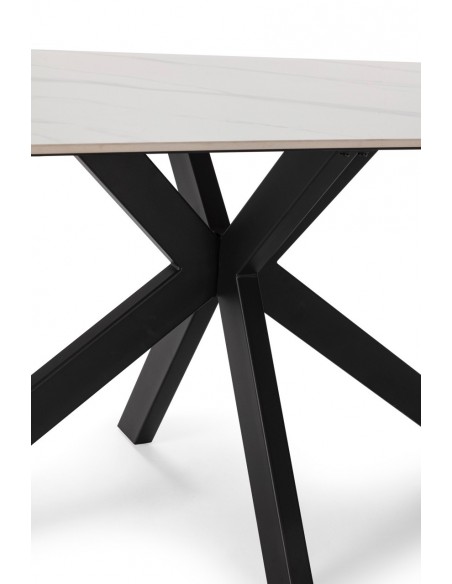 Mesa ARGOL 180 x 90, porcelânico branca e base em metal preto.