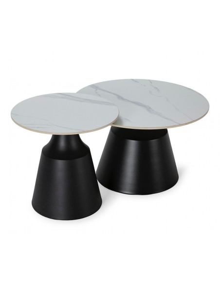 Set de 2 mesas de centro redondas RILEY, porcelânico branco e base metal preto