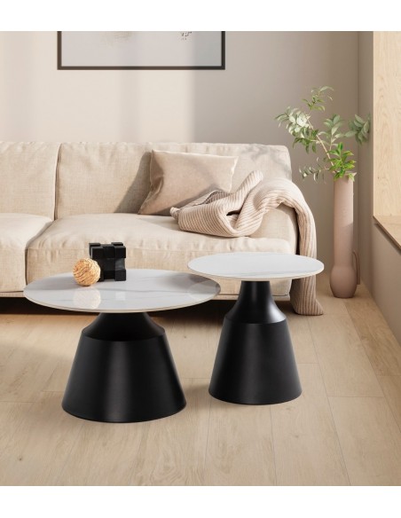 Set 2 mesas de centro redondas RILEY, porcelánico blanco y base metal negro