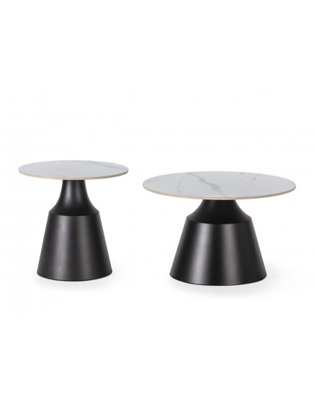 Set de 2 mesas de centro redondas RILEY, porcelânico branco e base metal preto
