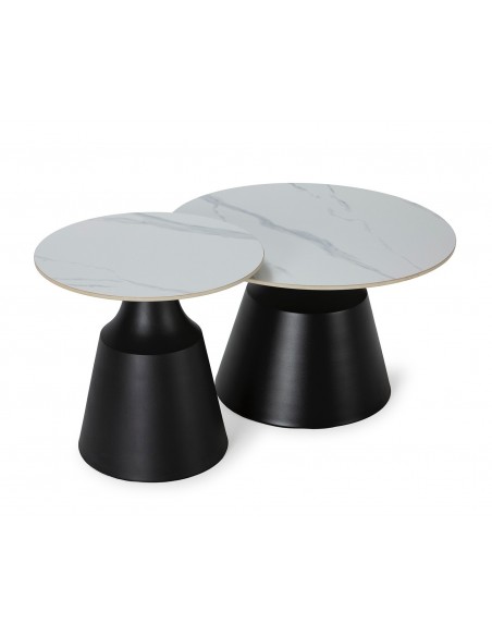 Set 2 mesas de centro redondas RILEY, porcelánico blanco y base metal negro